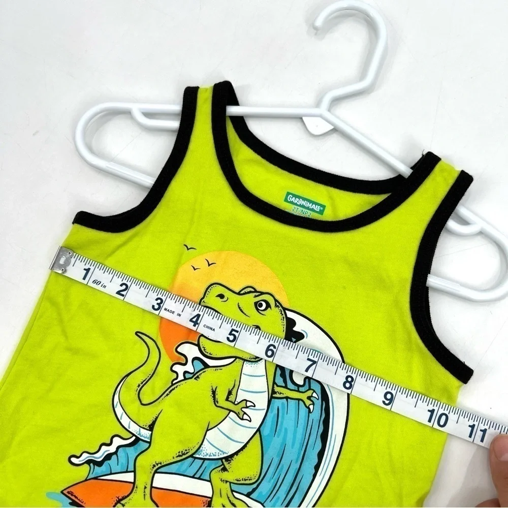 GARANIMALS Boy's Bright Neon Green Surfer Dinosaur Tank Top Size 2T